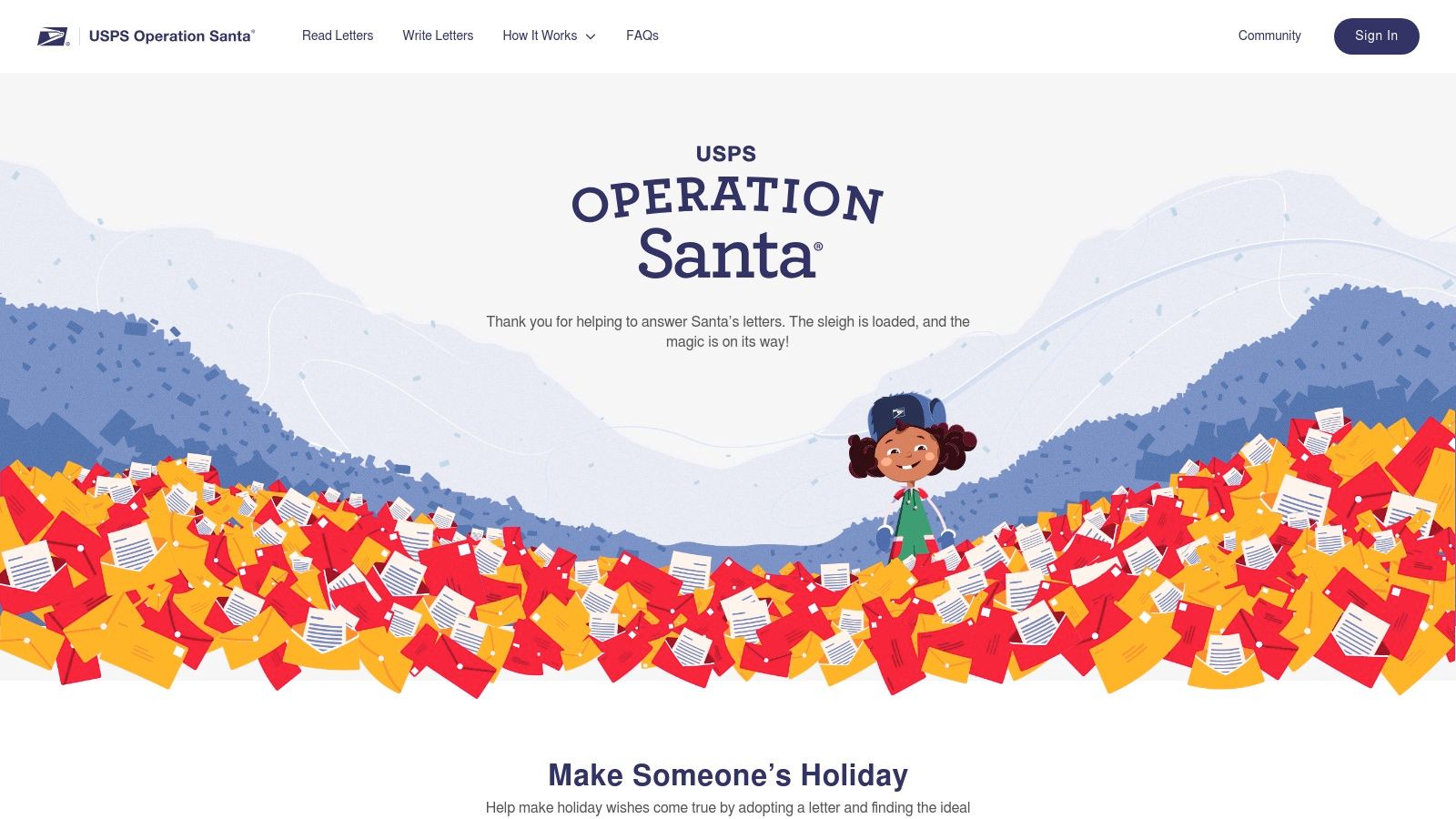 A child writing a letter to Santa using a printable template from the USPS Operation Santa program.