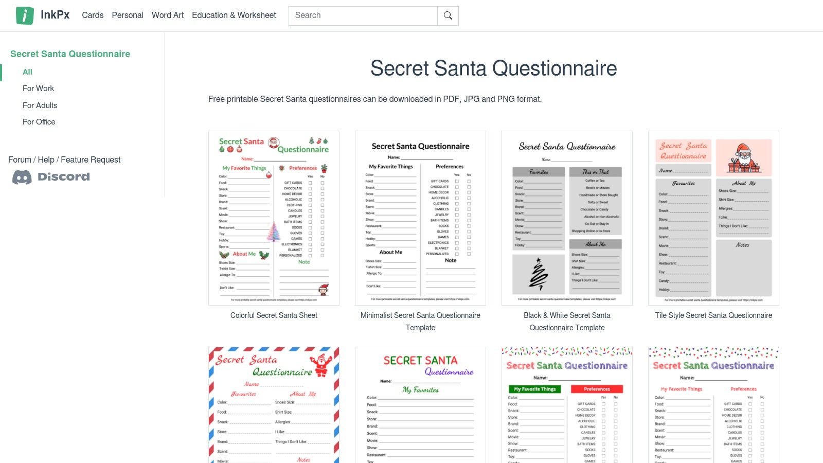 A collage of different Secret Santa questionnaire designs available on InkPx, showing various themes and layouts.