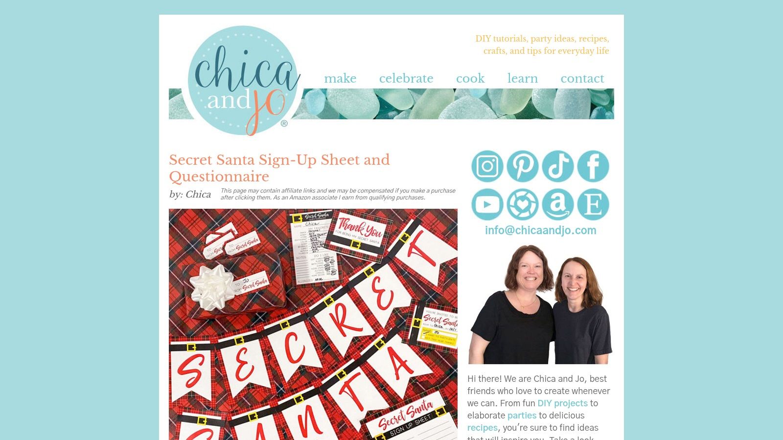 A preview of the Chica and Jo Secret Santa party kit, showing the questionnaire, gift tags, and sign-up sheet.