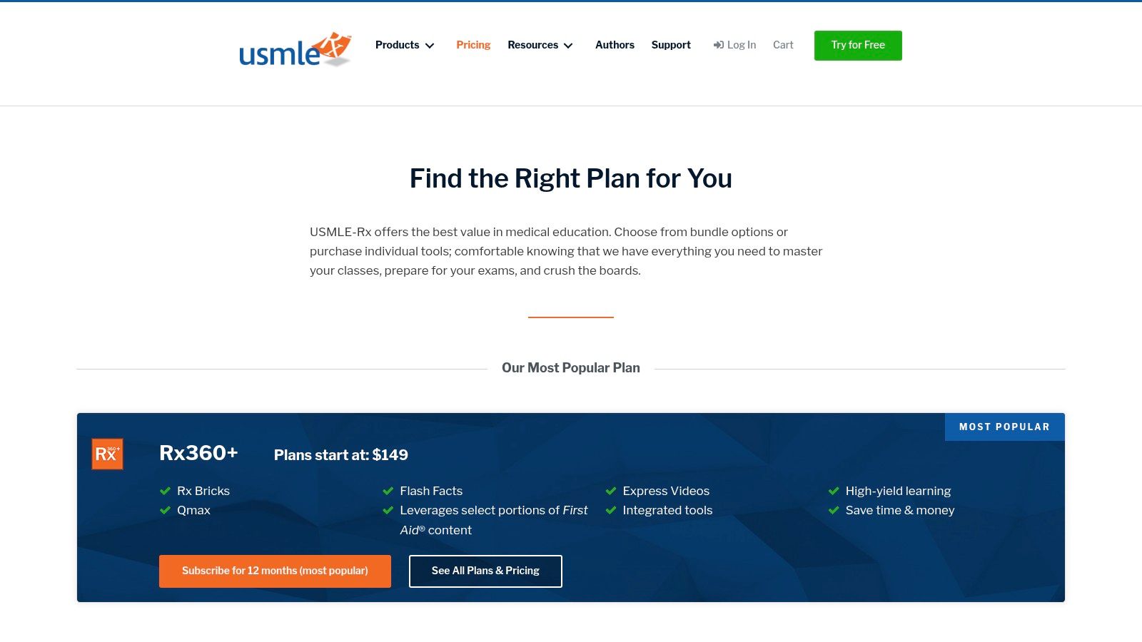 USMLE-Rx (by First Aid) – Rx360+, Qmax QBank, Express Videos, Flash Facts