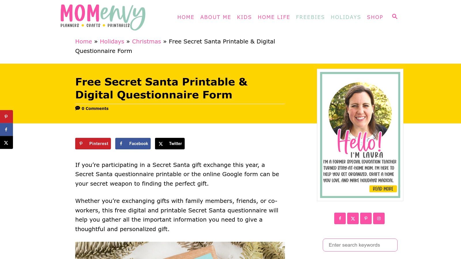 A screenshot of the Mom Envy website showing a preview of their Secret Santa questionnaire, available in printable and digital formats.