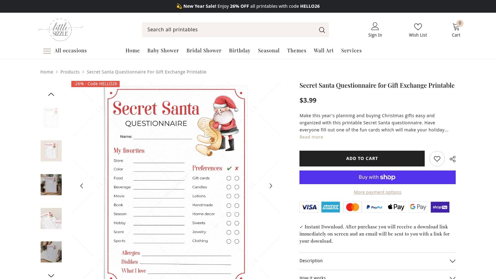 A screenshot of the LittleSizzle Secret Santa Questionnaire, showing a clean design with various questions.