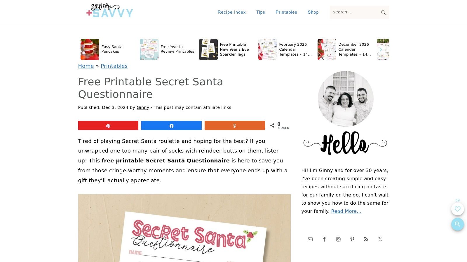 A screenshot of the Savor + Savvy Secret Santa Questionnaire blog post, showing the printable design and accompanying text.