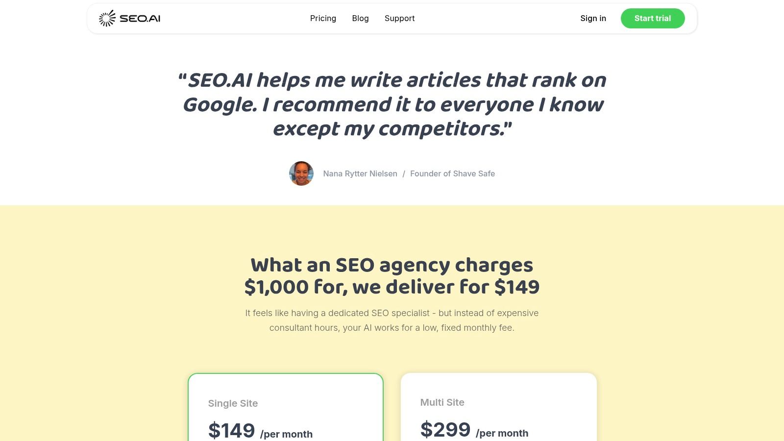 SEO.ai pricing page showing plans for AI-powered content creation and optimization.