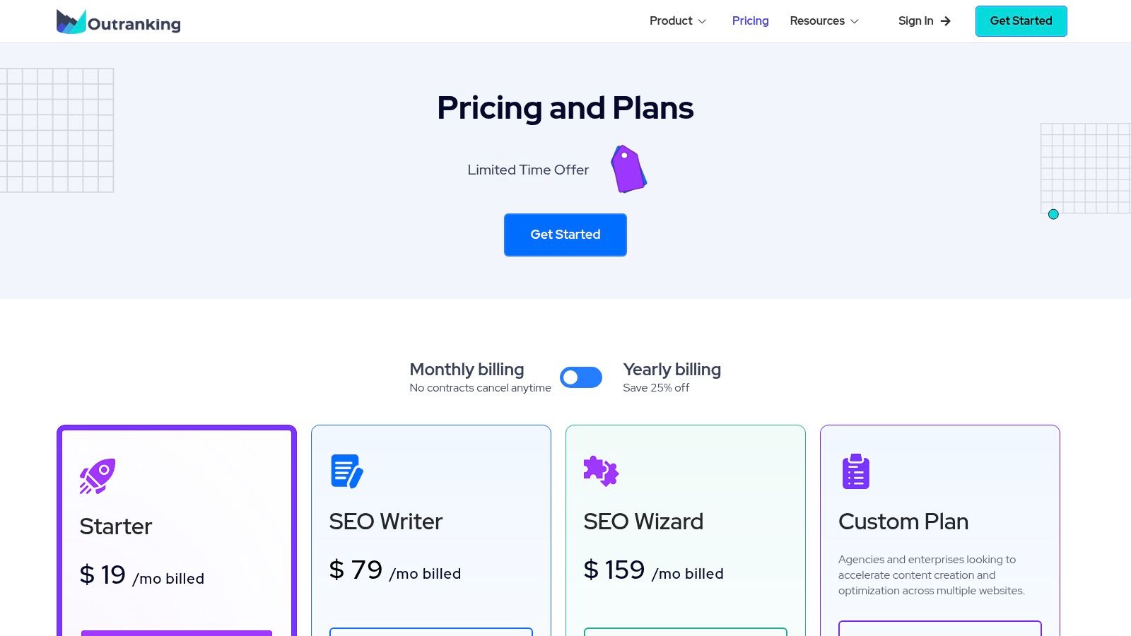 Outranking's pricing tiers showing plans for solo users, professionals, and agencies based on document quotas.