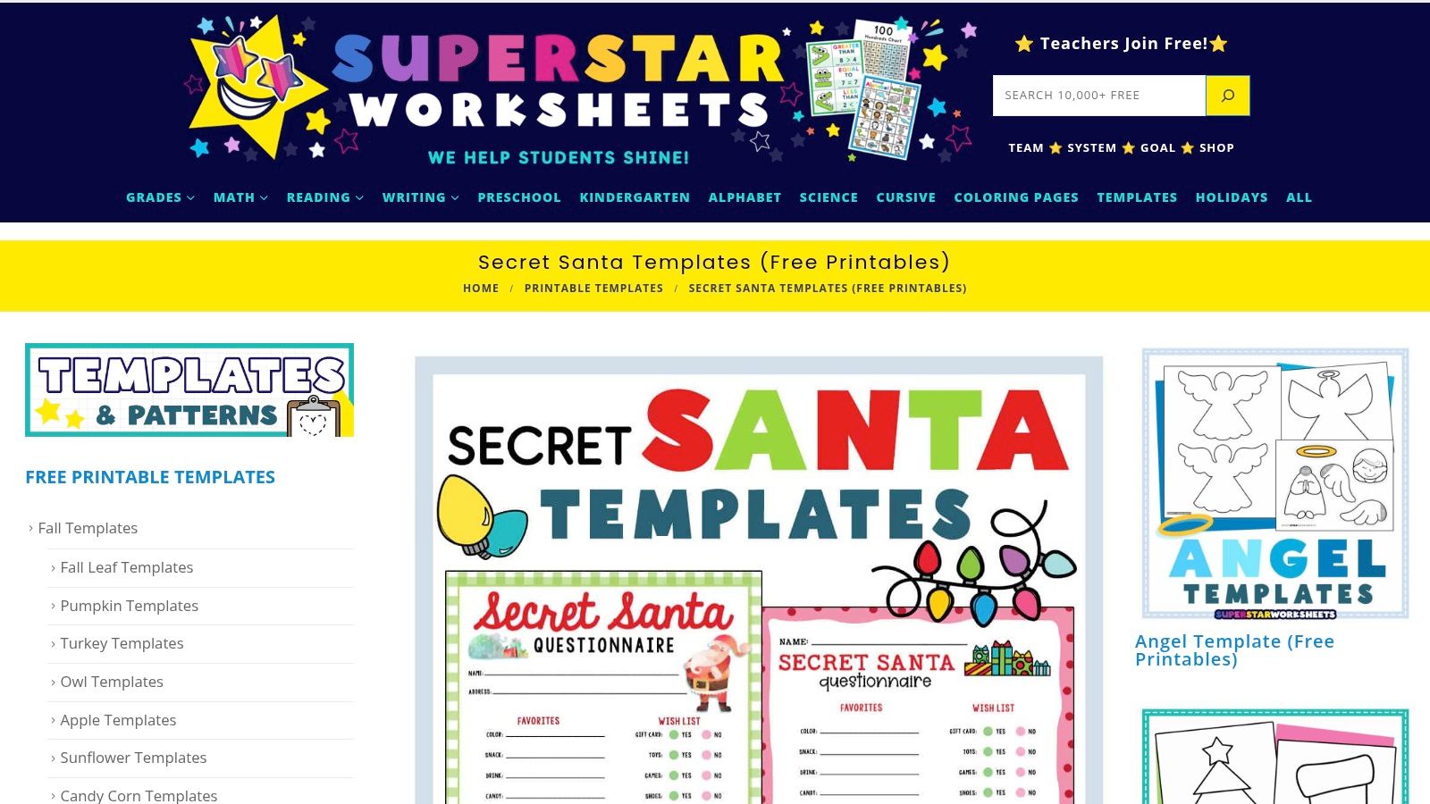 A screenshot of the Superstar Worksheets Secret Santa template, showing a questionnaire and sign-up sheet.