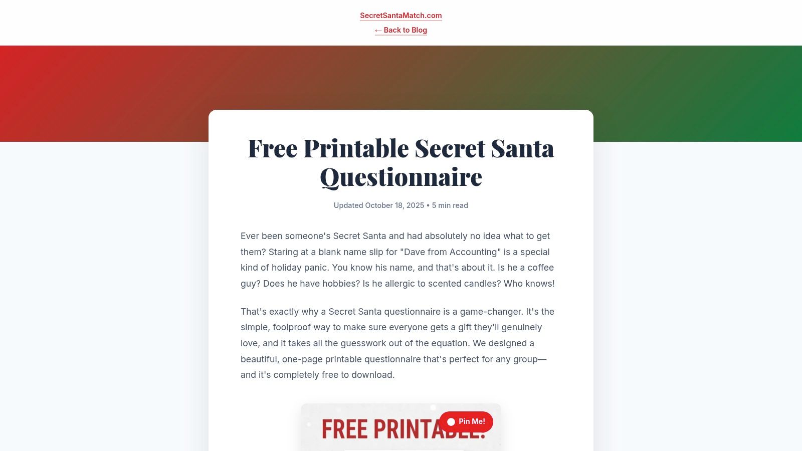 A screenshot of the SecretSantaMatch printable questionnaire, showing a simple black and white design with essential questions.