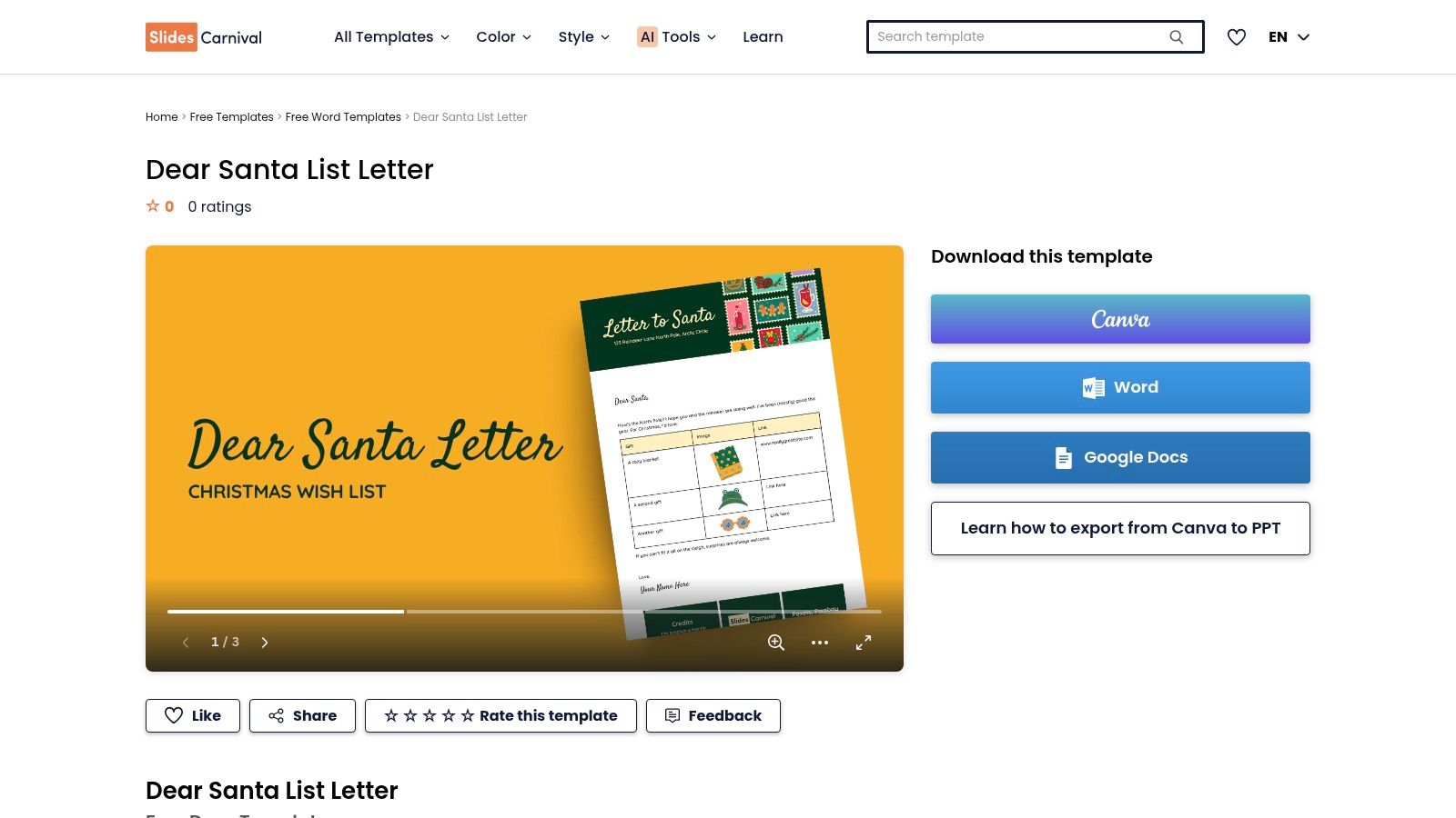 A Santa list template from SlidesCarnival shown on a laptop screen.