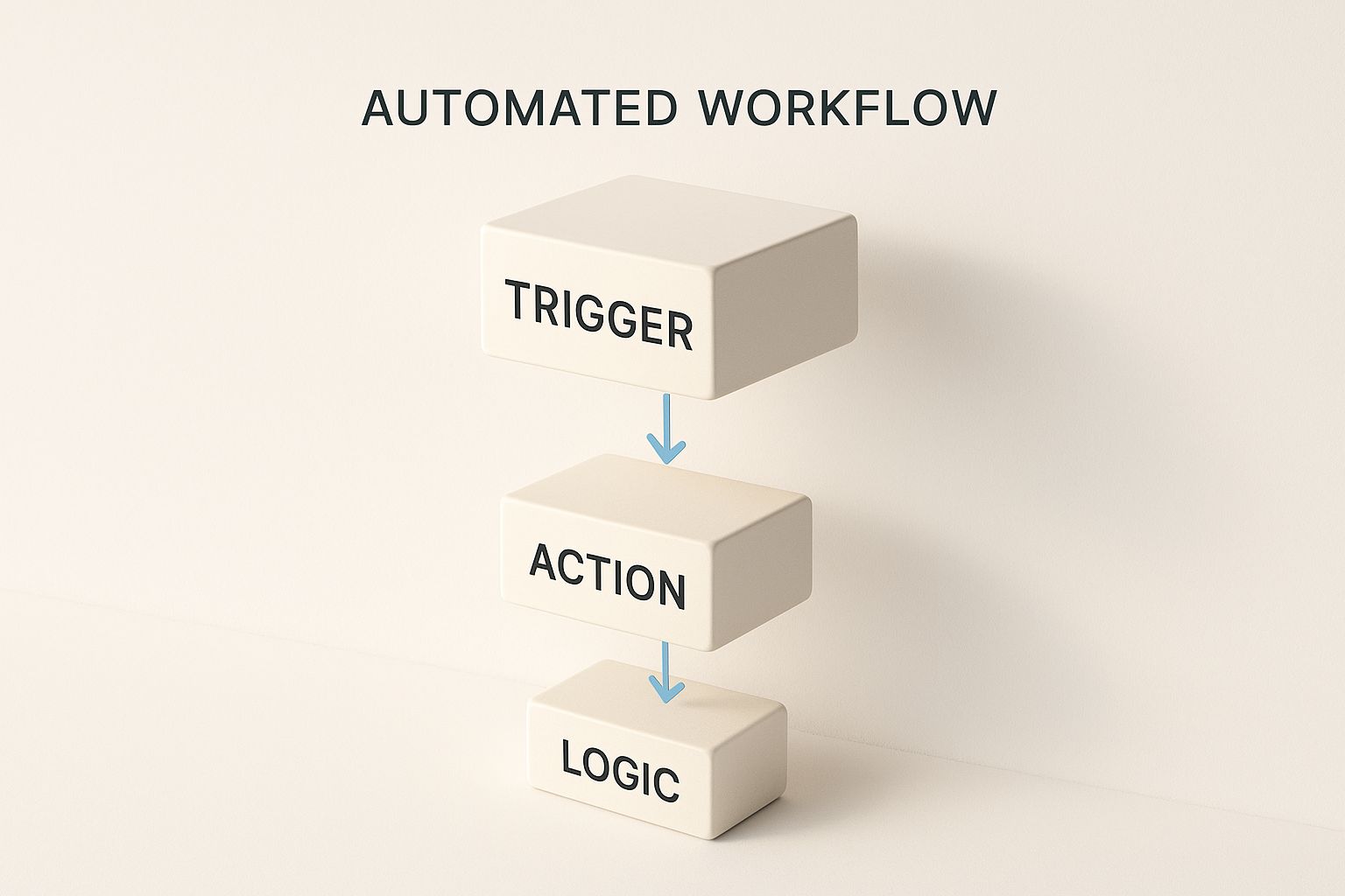 Infographic showing three floating building blocks labelled "Trigger," "Action," and "Logic," linked by arrows to illustrate the core components of an automated workflow.