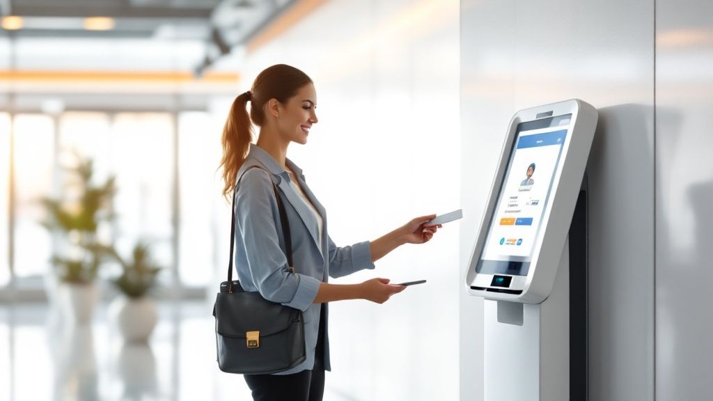 A visitor management system being used in a modern, bright industrial setting.