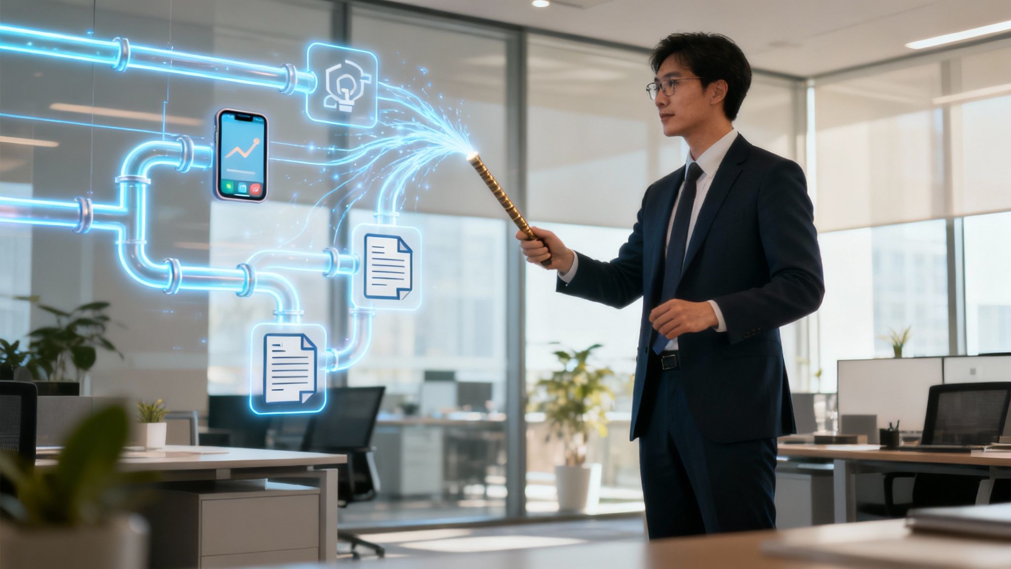 A digital illustration showing interconnected gears and icons representing automated business tasks.
