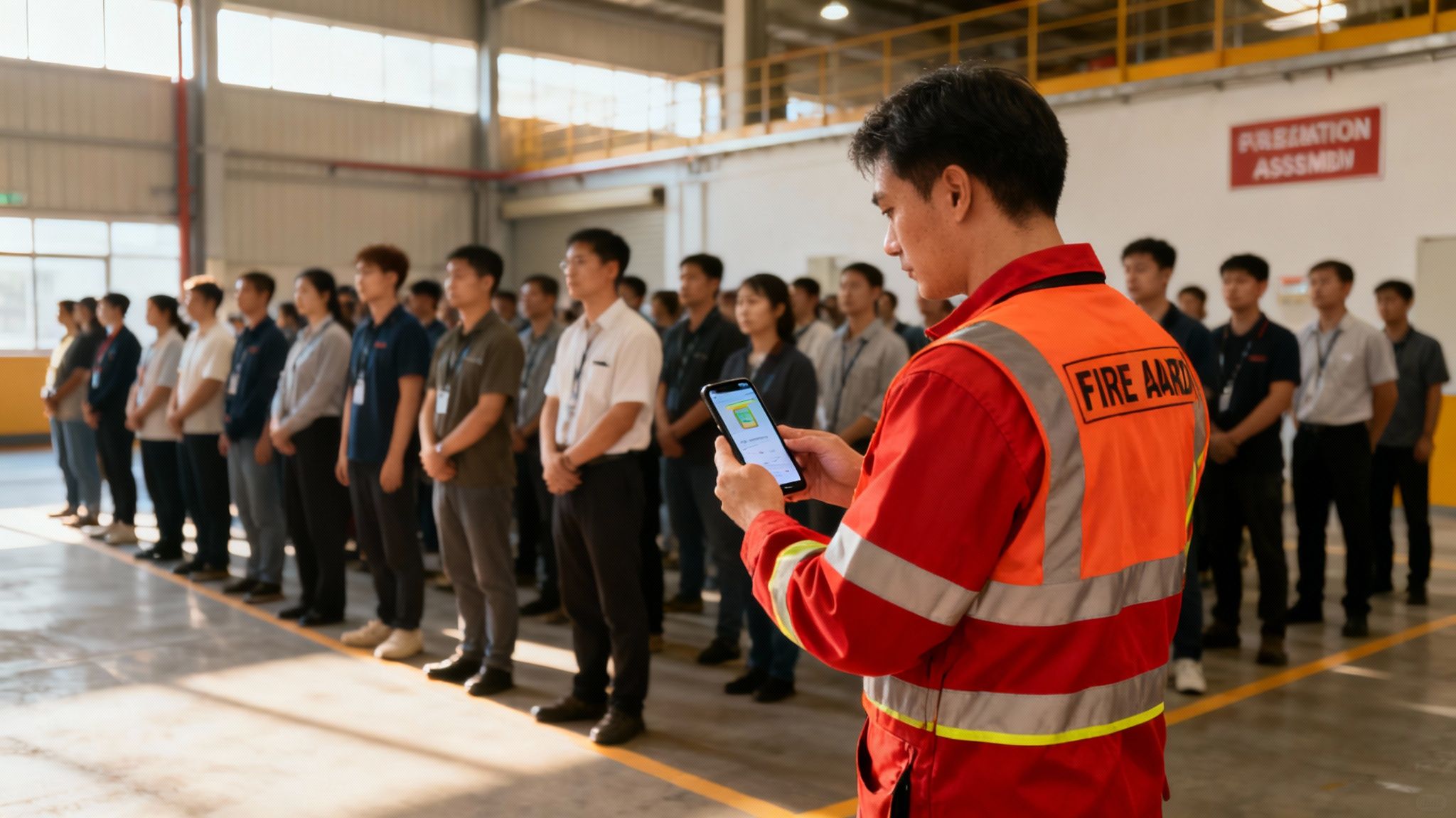 A fire warden with a tablet checking people off during an evacuation drill.