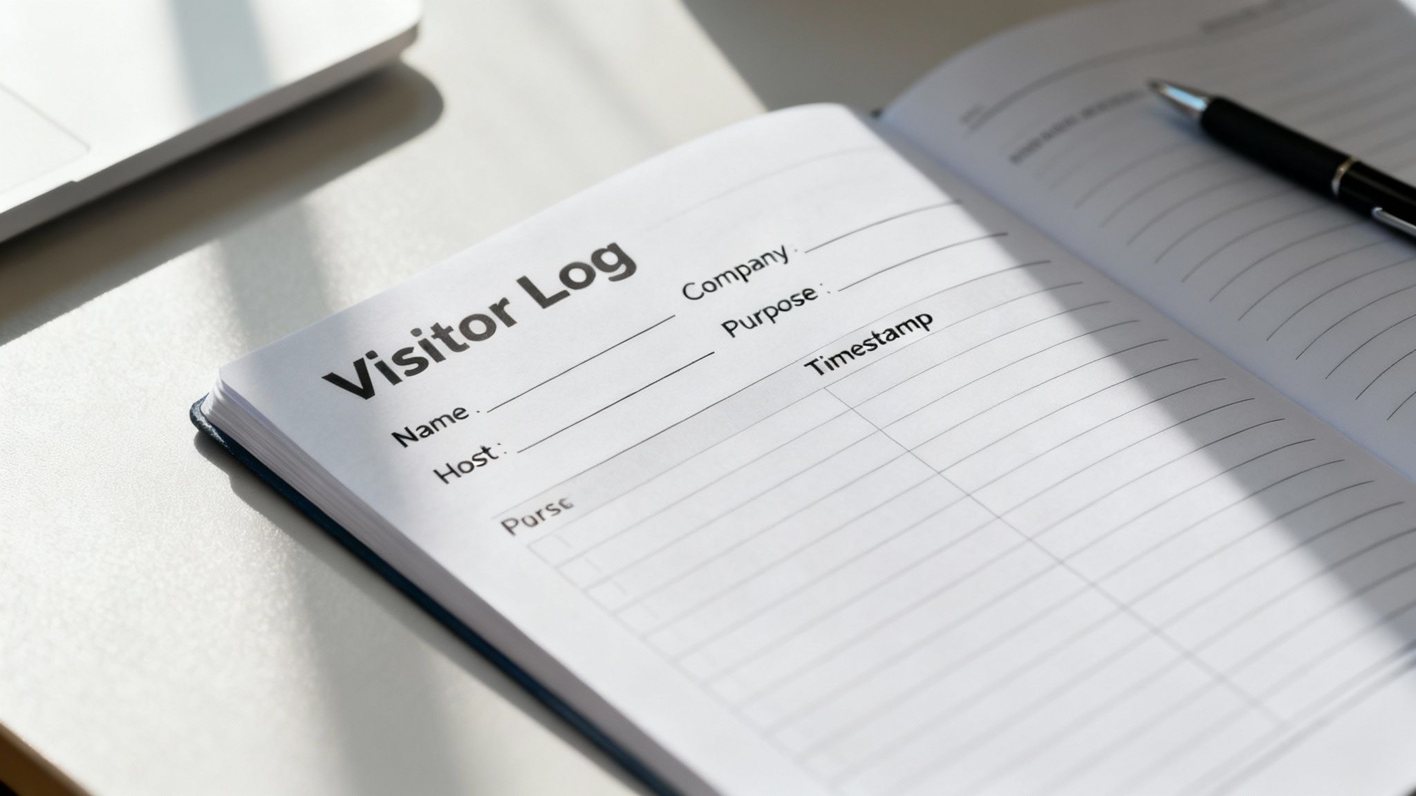 A close-up of a digital visitor log tablet showing key information fields being filled out.