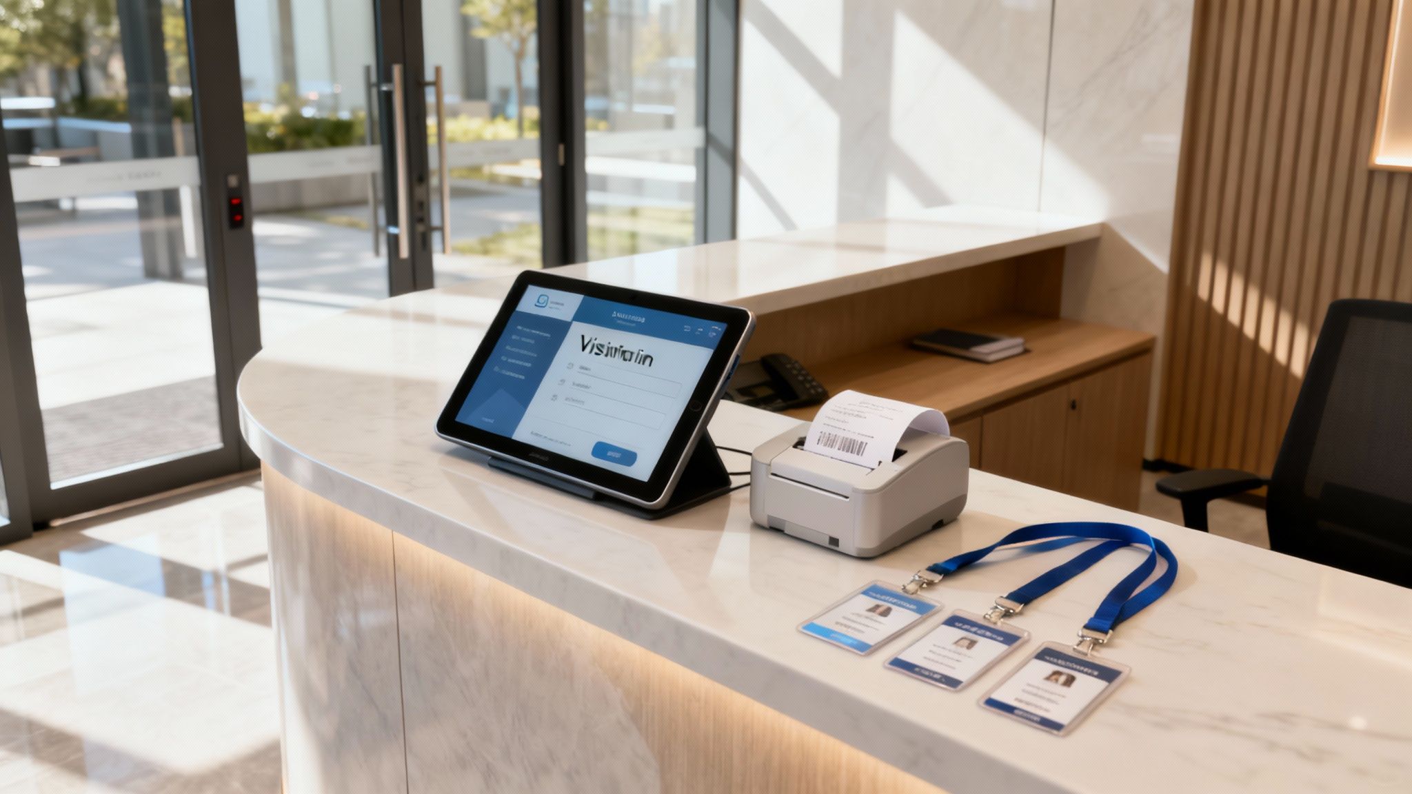 A modern office reception with a sleek tablet for visitor sign-in