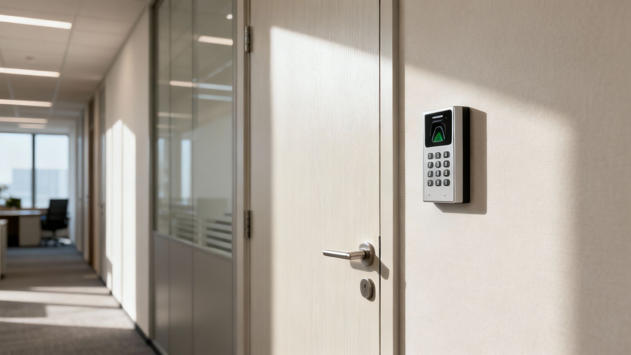 A selection of modern physical access control devices, including a keypad, a biometric scanner, and a card reader, arranged neatly.