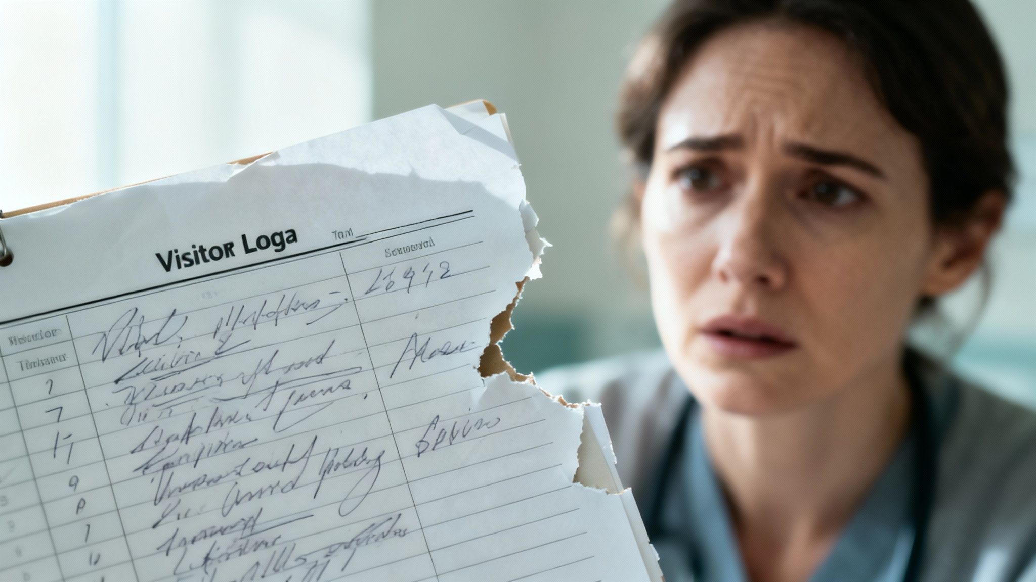 A paper visitor log book left open on a reception desk, showing visitor's personal details.
