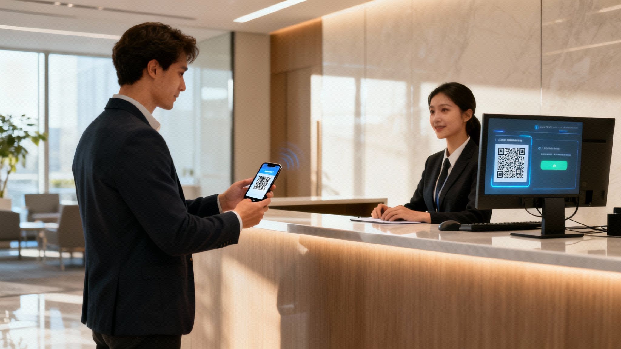 A dynamic collage of office scenes showing streamlined processes in HR, finance, and visitor management.