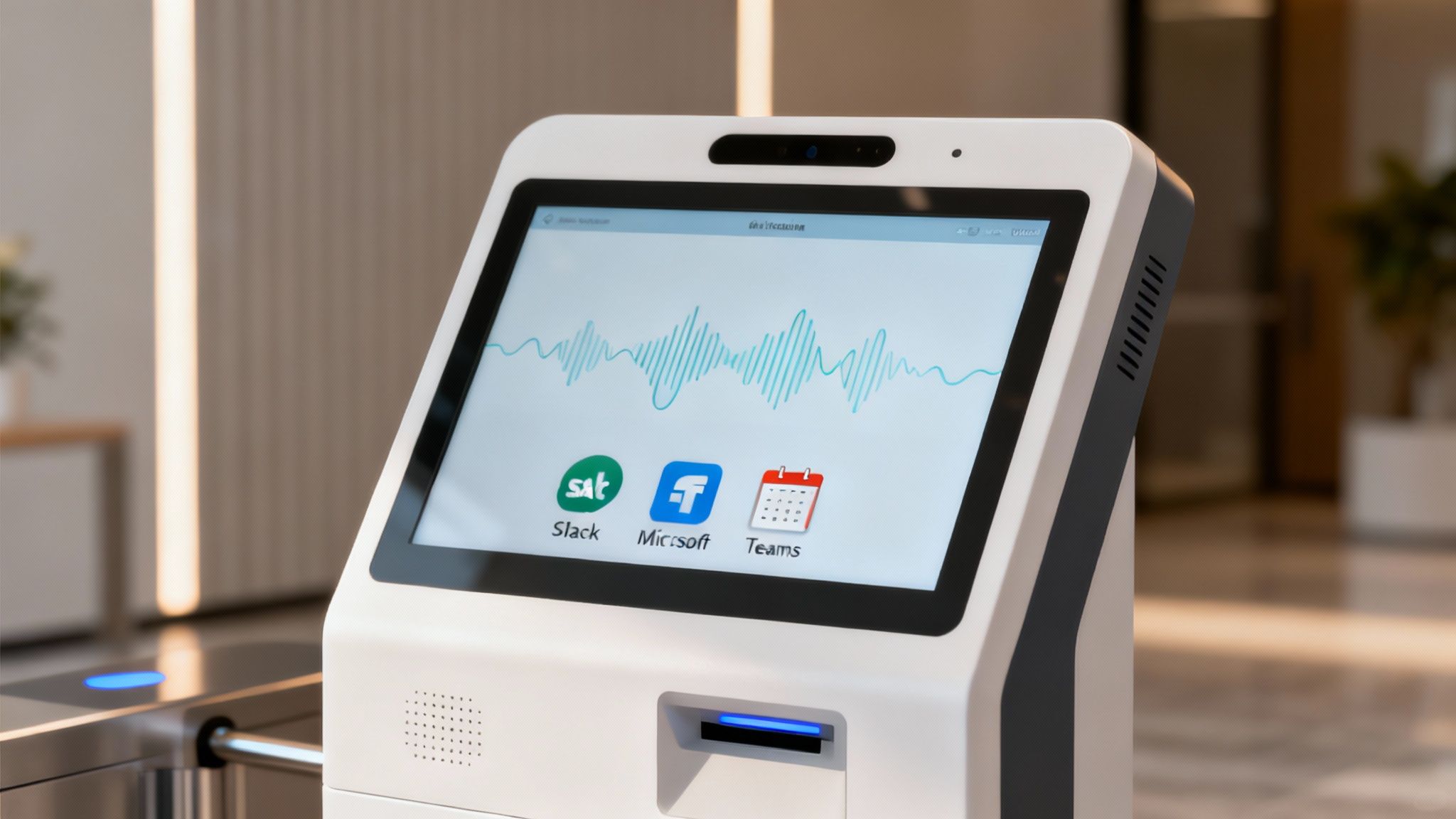 An AI-powered virtual front desk kiosk displaying a welcome message in a modern office.