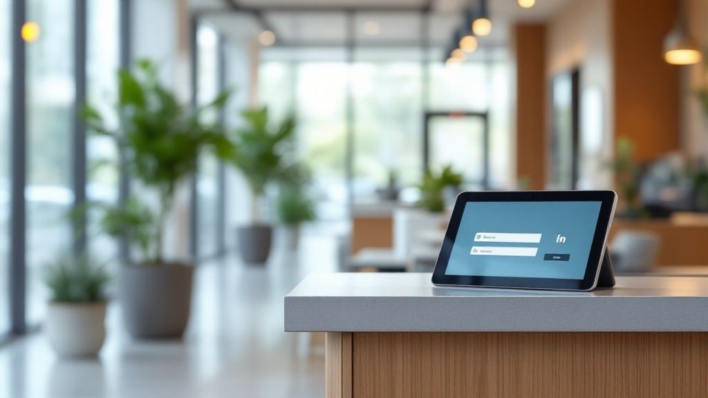 A professional reception area with a tablet-based visitor management system.