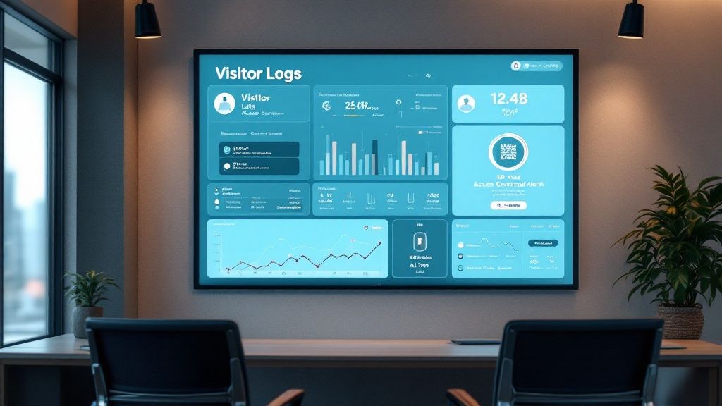 A professional welcoming a visitor in a modern office lobby.