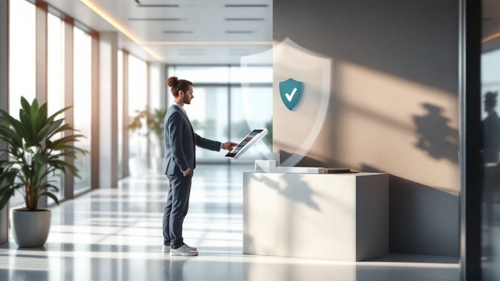 A person using a QR code on their smartphone to check in at a sleek, modern reception kiosk.