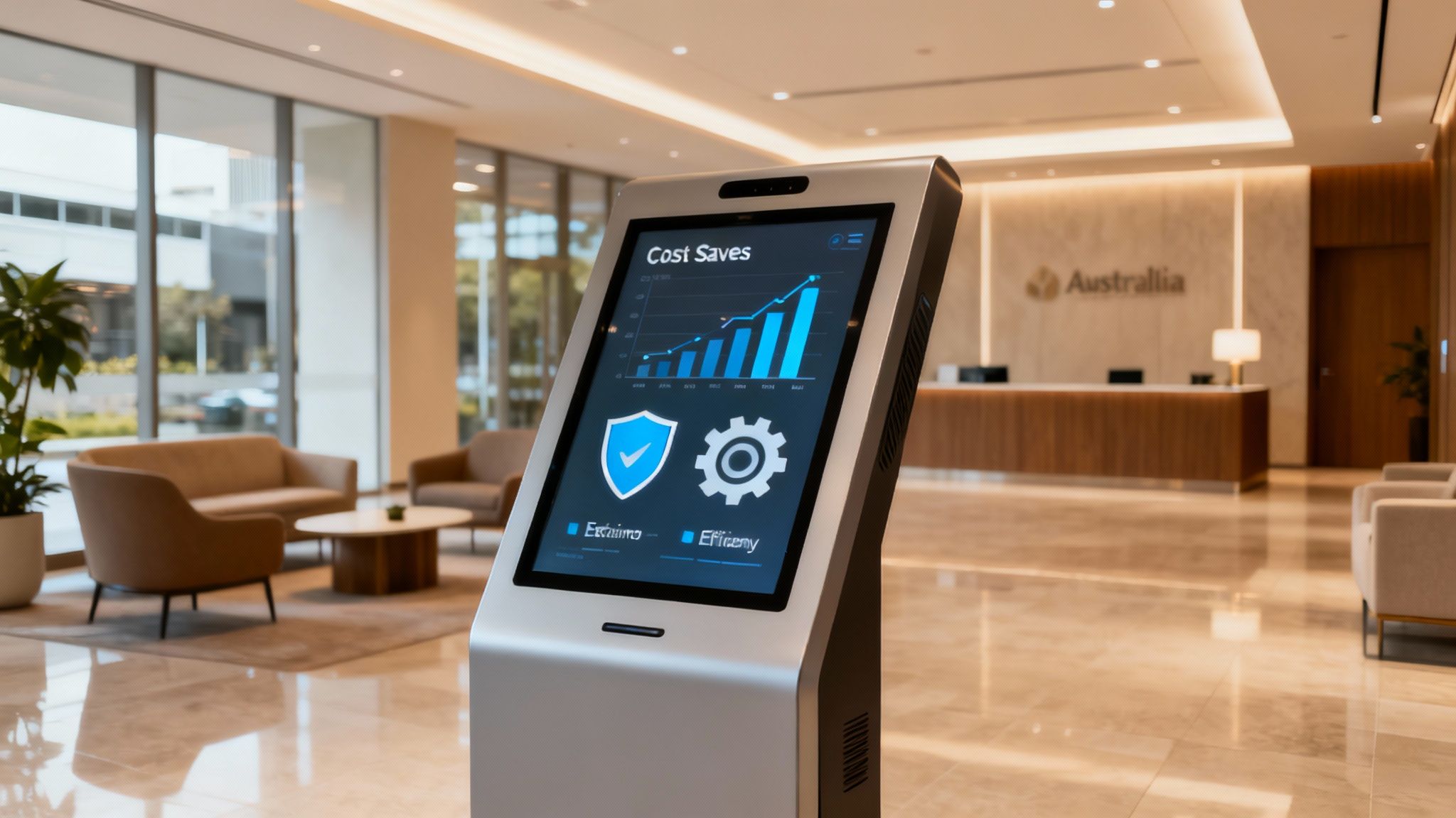 A professional checking in at a virtual front desk kiosk in a modern office lobby.