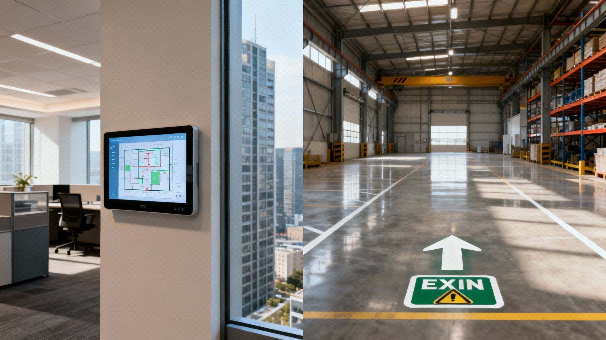 An industrial warehouse with clearly marked evacuation routes and safety signs on the walls.