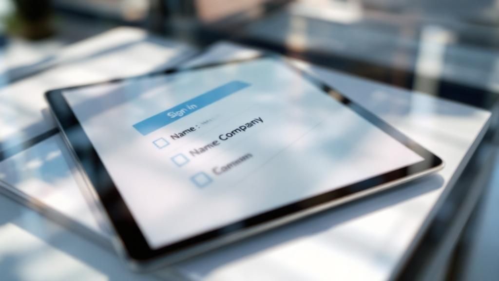 A sleek digital tablet at a reception desk displays a modern visitor sign-in interface.