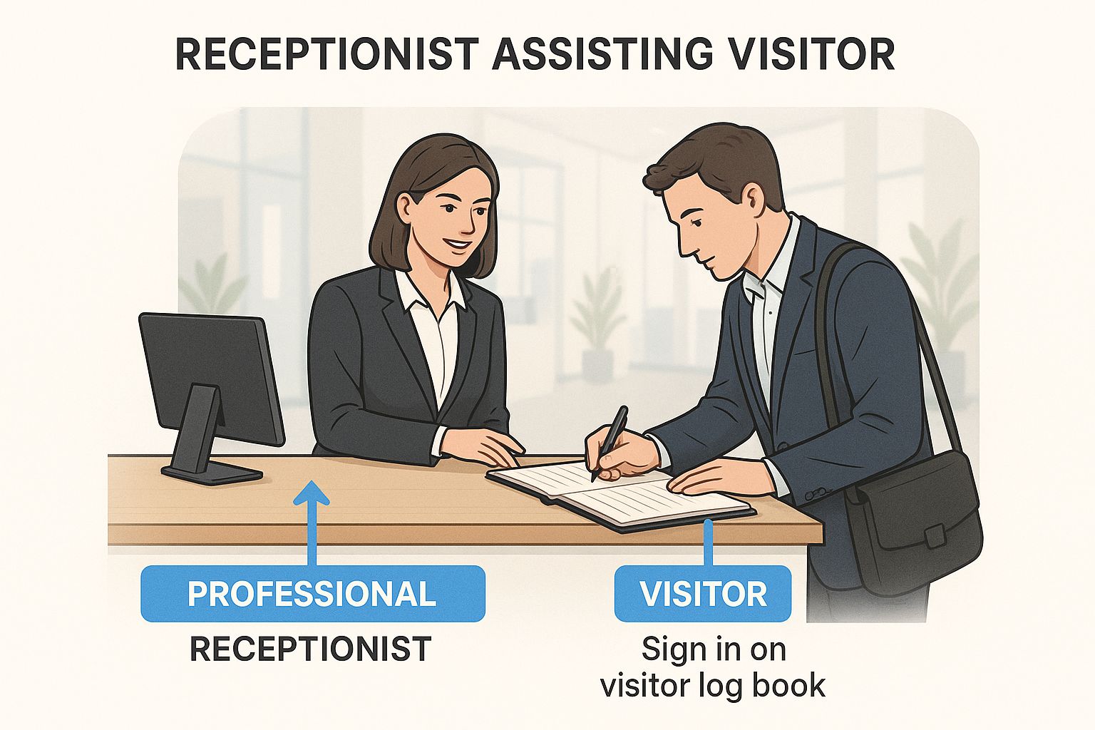 Infographic showing a professional receptionist assisting a visitor with a modern visitor log.