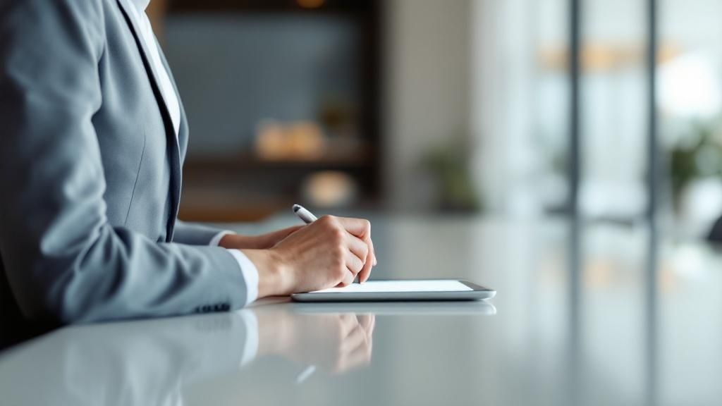 A visitor signing in at a reception desk using a digital tablet.
