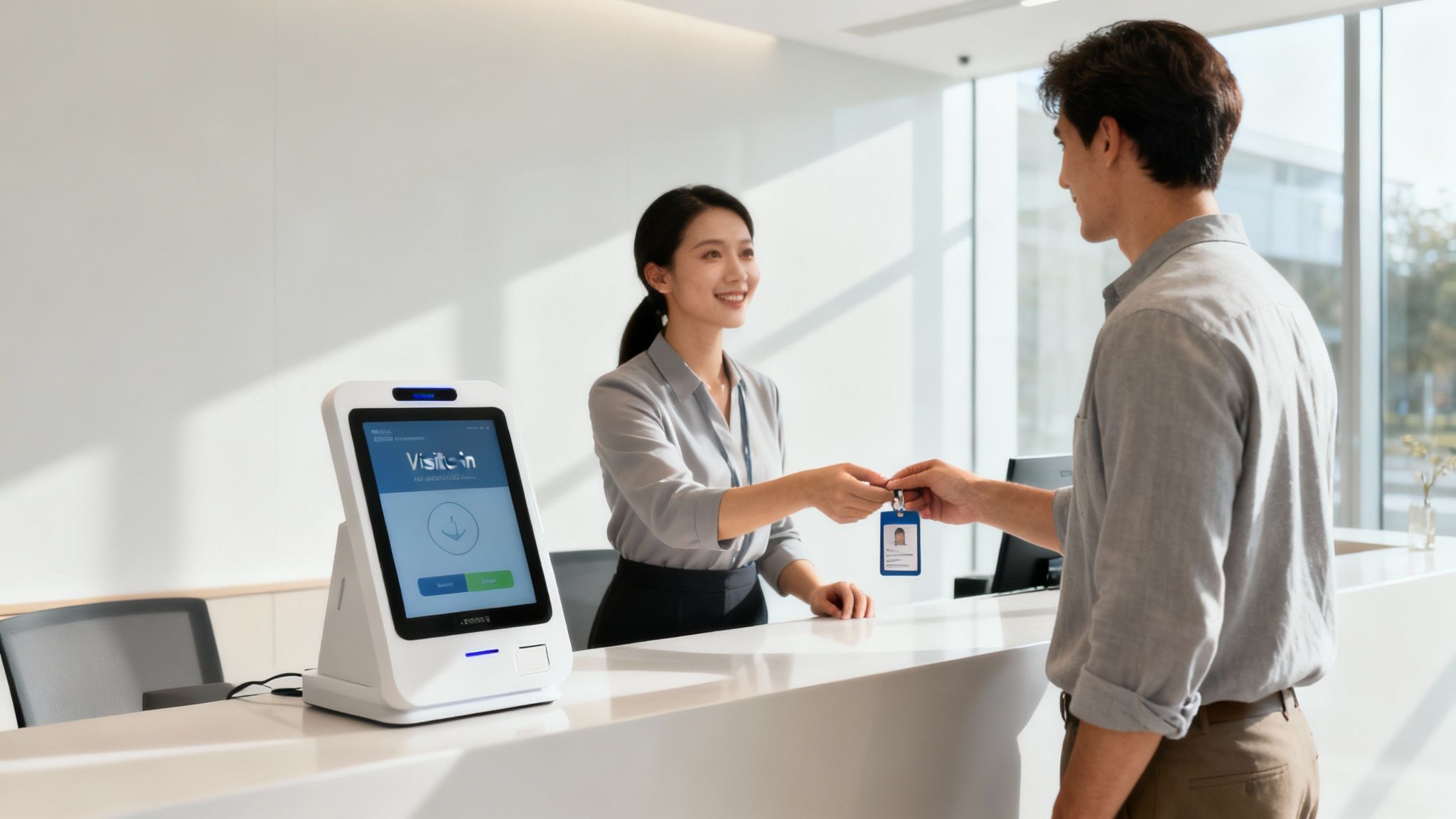 A professional checking in on a visitor management tablet in a modern office lobby.