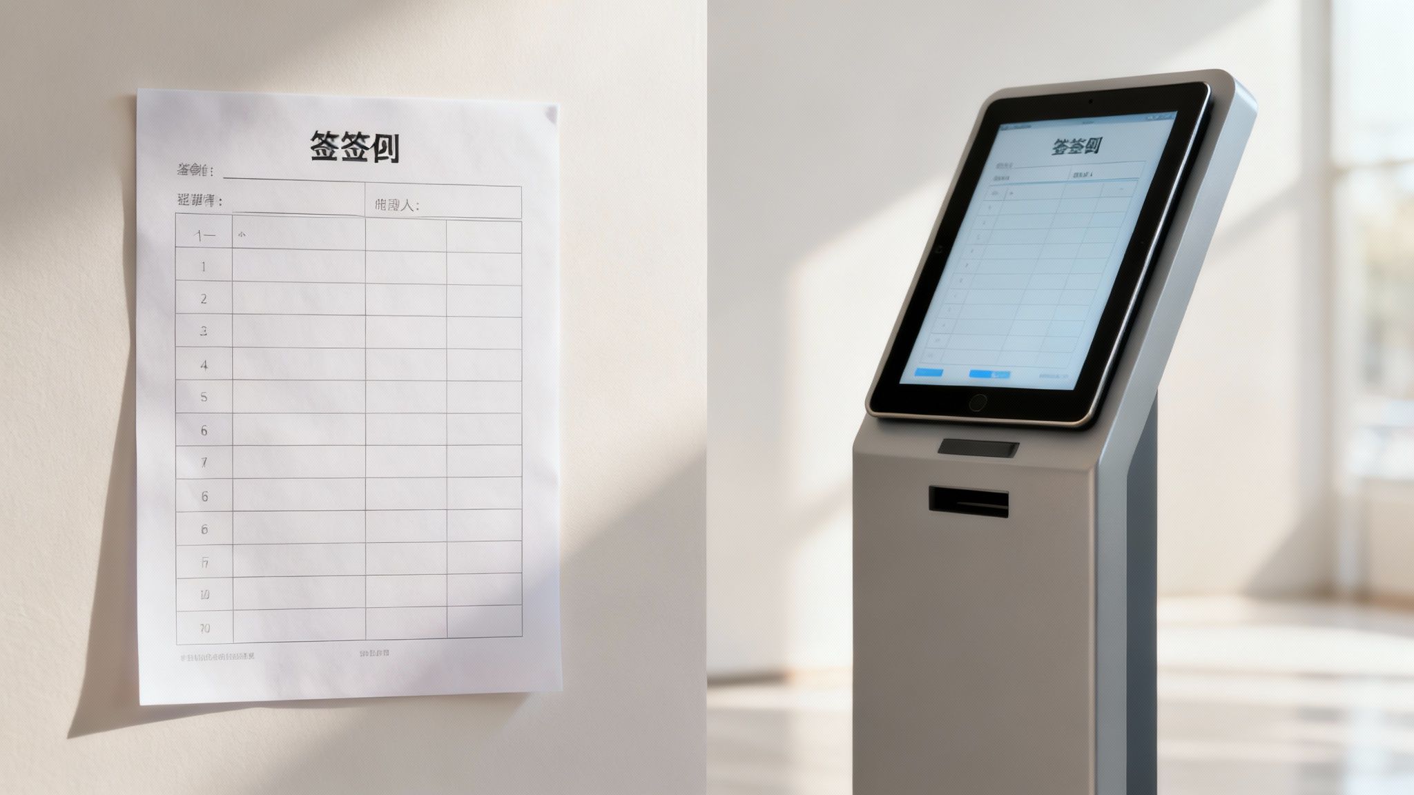 A modern office reception with a visitor signing in on a digital tablet system.