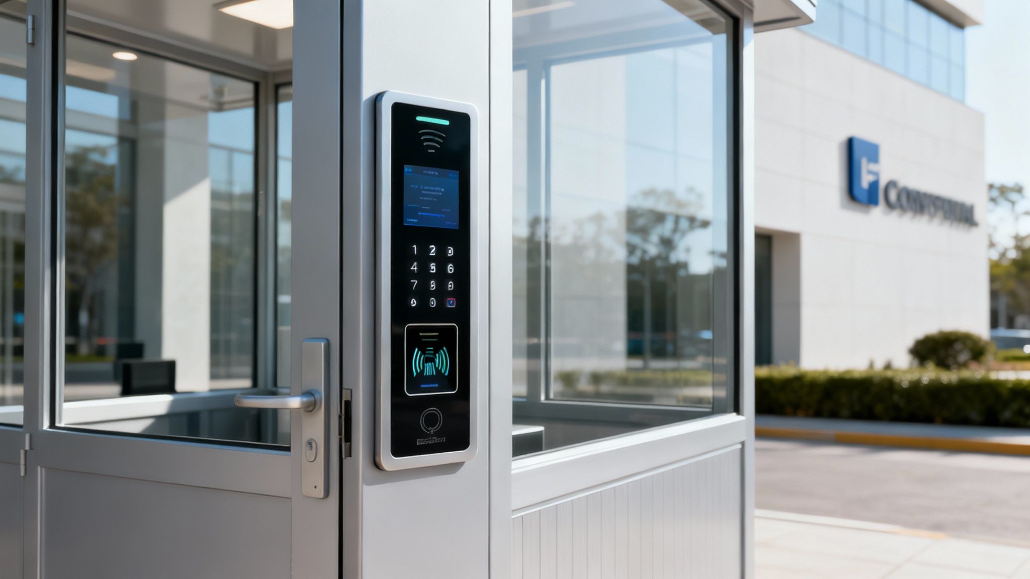 A person using a security keycard to open a modern glass door, illustrating physical access controls in a corporate building.
