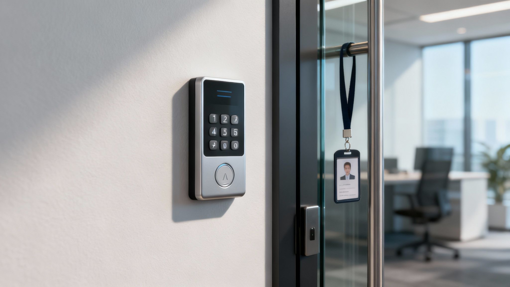 A modern office lobby with secure access turnstiles, showcasing physical access control in a professional environment.