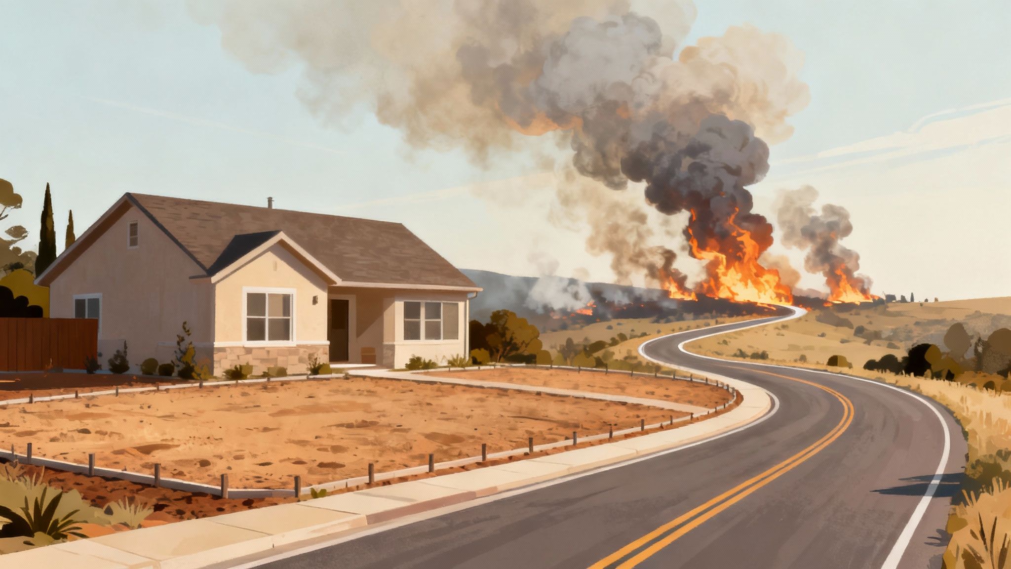 A car driving away from a raging wildfire in the background.