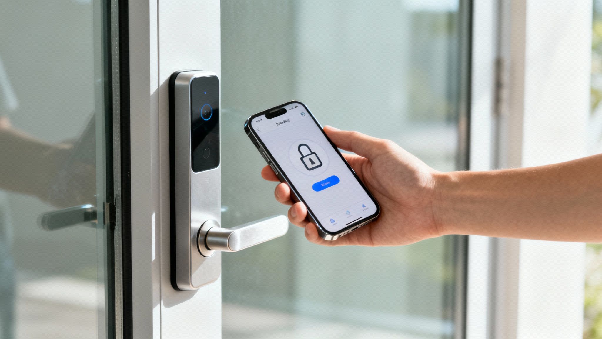 A person holding a smartphone up to a wall-mounted reader to unlock a door, showcasing mobile and cloud-based physical access controls.