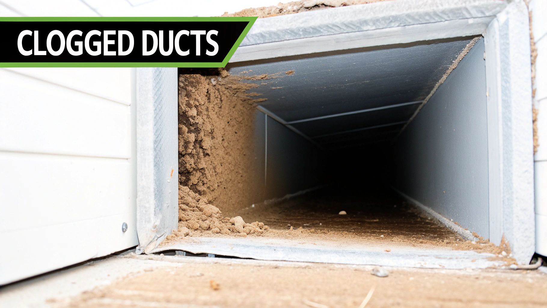 A close-up view of a heavily clogged air duct, packed with a thick layer of dust and debris.