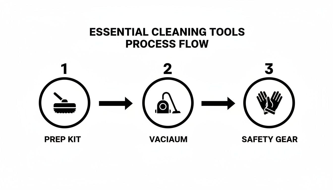 A three-step process flow chart for essential cleaning tools, including prep kit, vacuum, and safety gear.