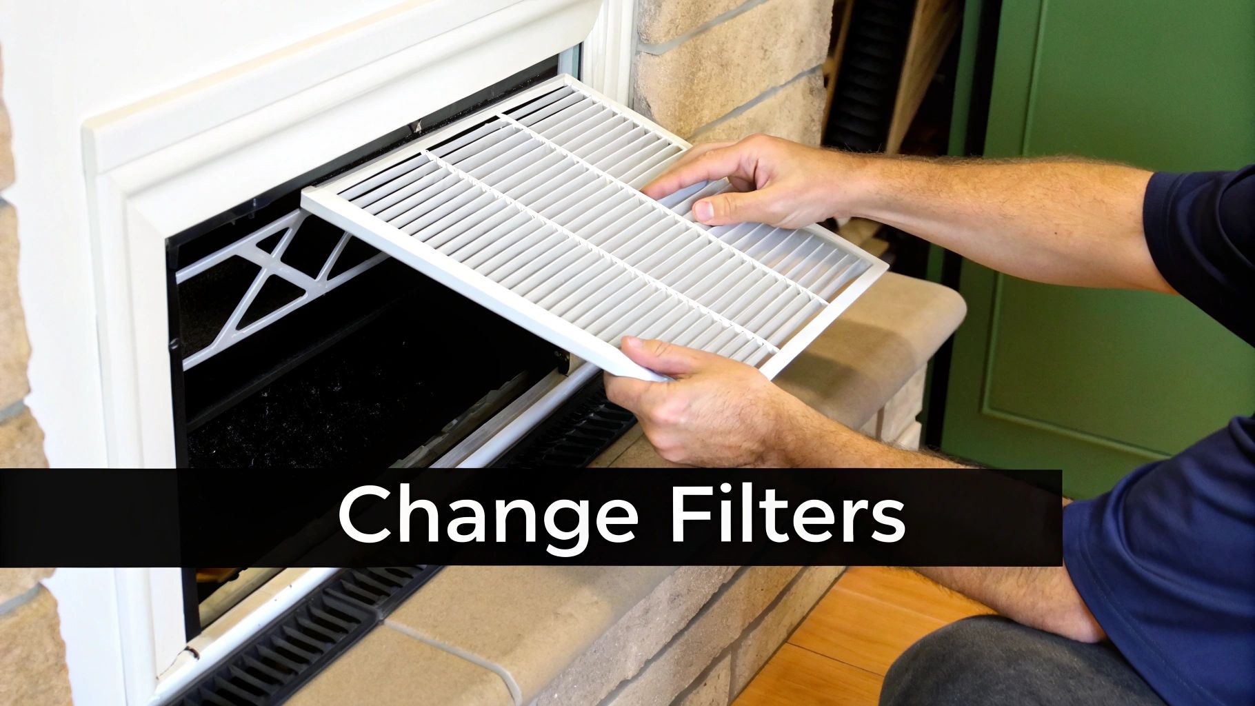 A homeowner shown cleaning the fins on an outdoor HVAC condenser unit.