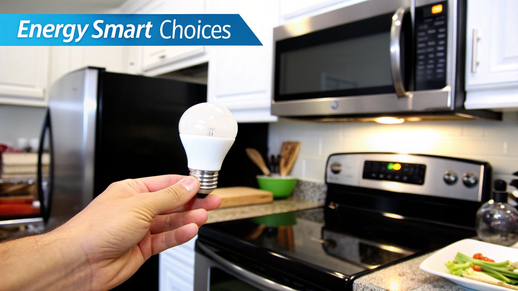 Hand holding energy efficient LED light bulb in modern kitchen with stainless steel appliances