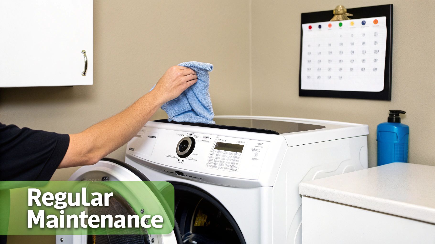 A person cleans the top of a white washing machine with a blue cloth, showing regular maintenance.