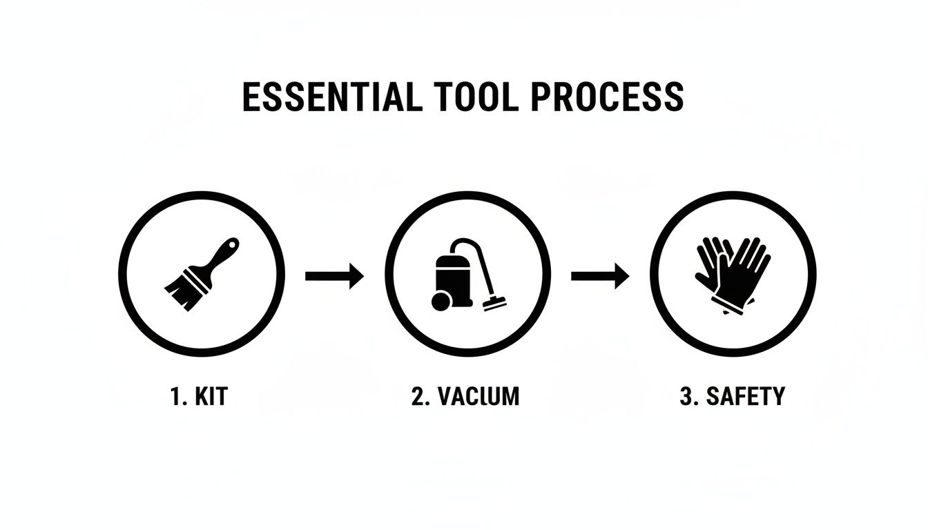 An essential tool process diagram showing a paintbrush for kit, a vacuum cleaner for vacuum, and gloves for safety.