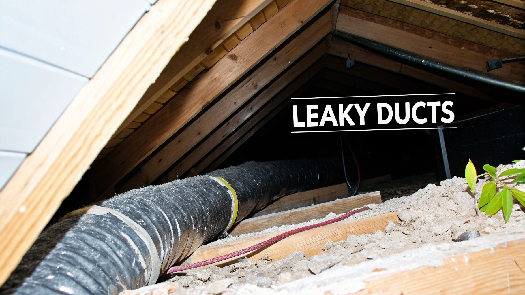 View of an attic with exposed wooden beams, insulation, and a black flexible duct labeled 'LEAKY DUCTS'.