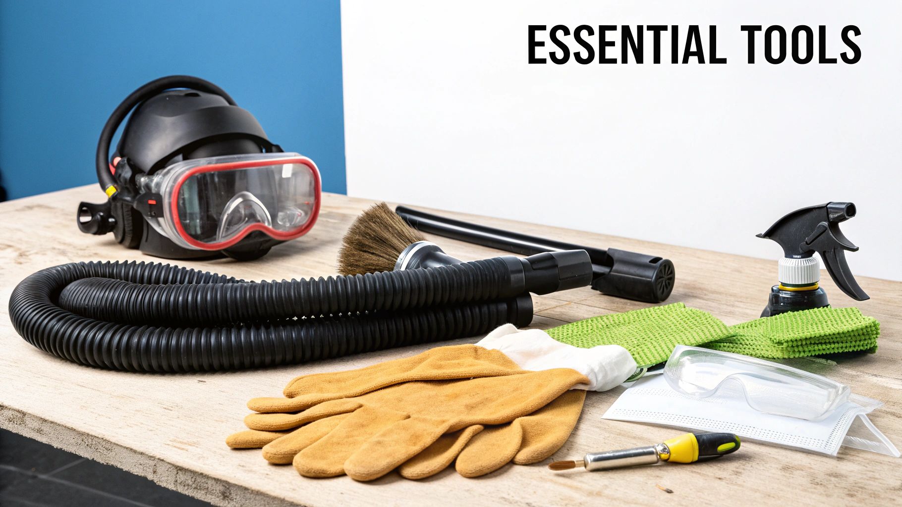 A collection of essential cleaning tools and safety gear, including a mask, hose, brush, gloves, and safety glasses.