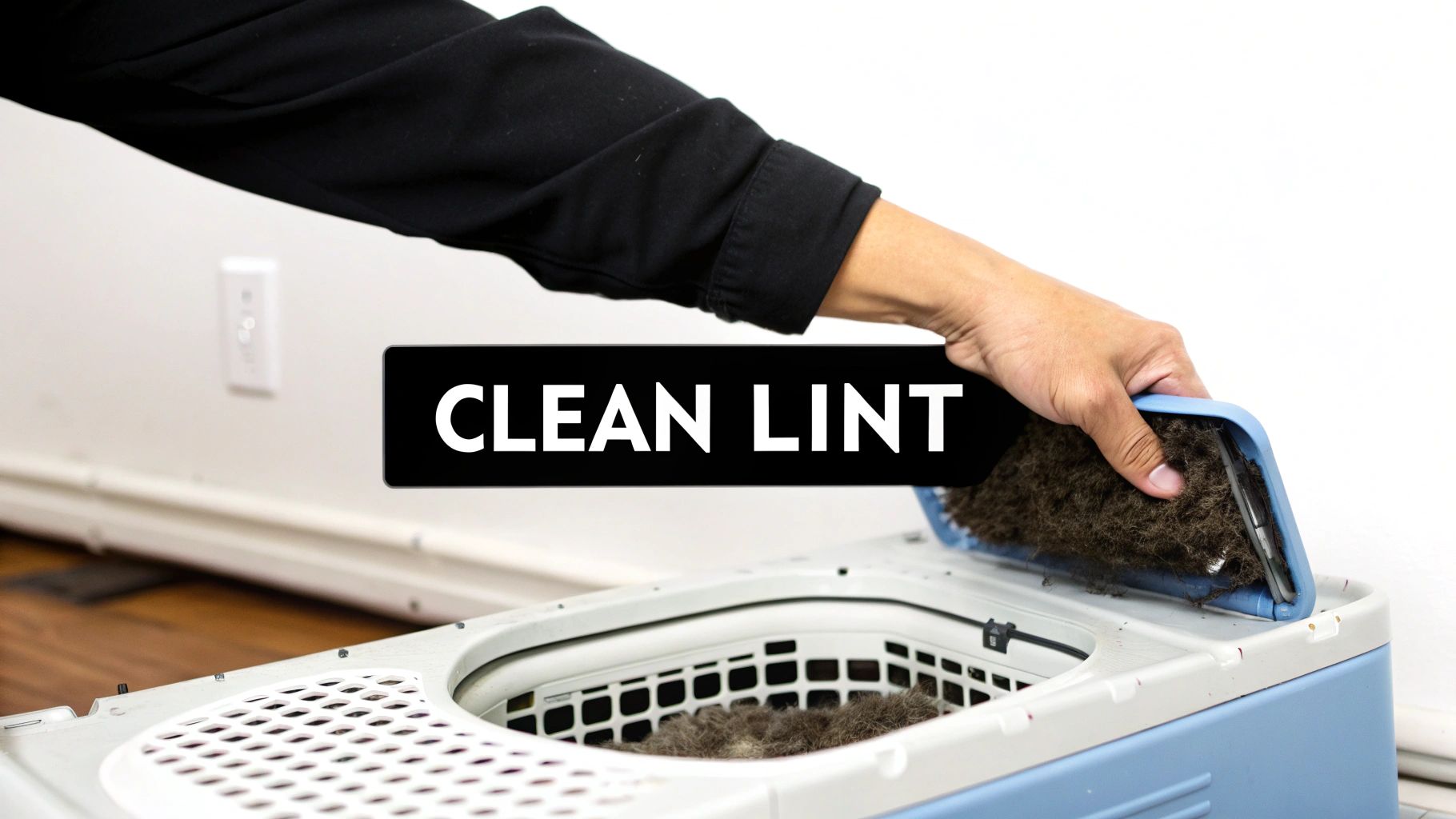 A person&#39;s hand cleaning a dryer&#39;s lint trap filled with lint.