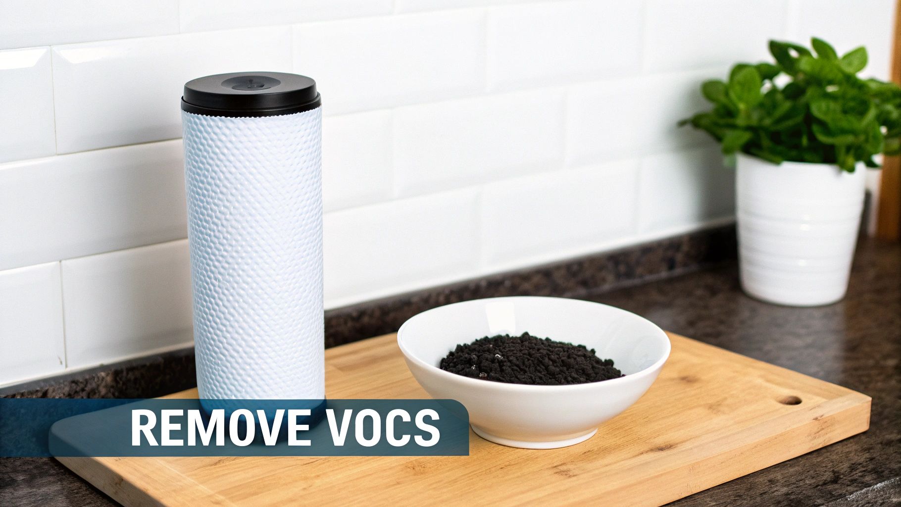 A white air filter cartridge and a bowl of activated carbon for natural VOC removal.