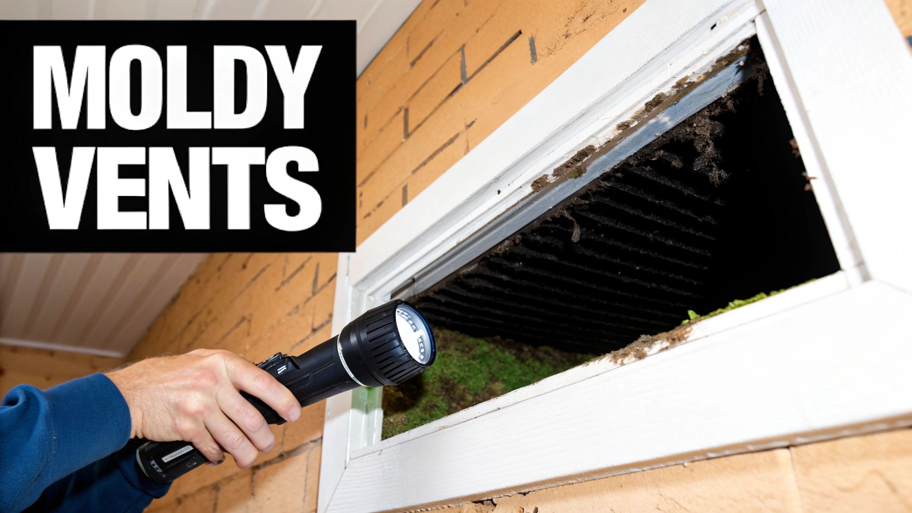 A person uses a flashlight to inspect a severely moldy and dirty air vent, highlighting poor air quality.