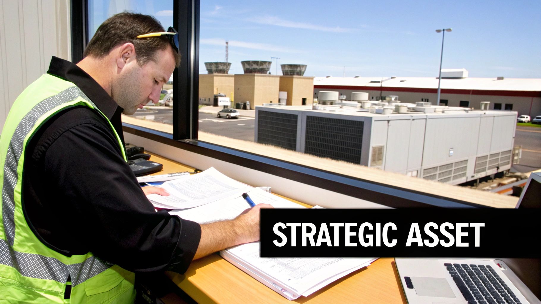 A commercial HVAC unit on a rooftop with a clear blue sky.