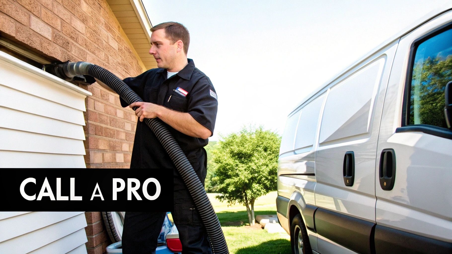 A professional technician uses a hose to clean a residential dryer vent with a service van nearby.