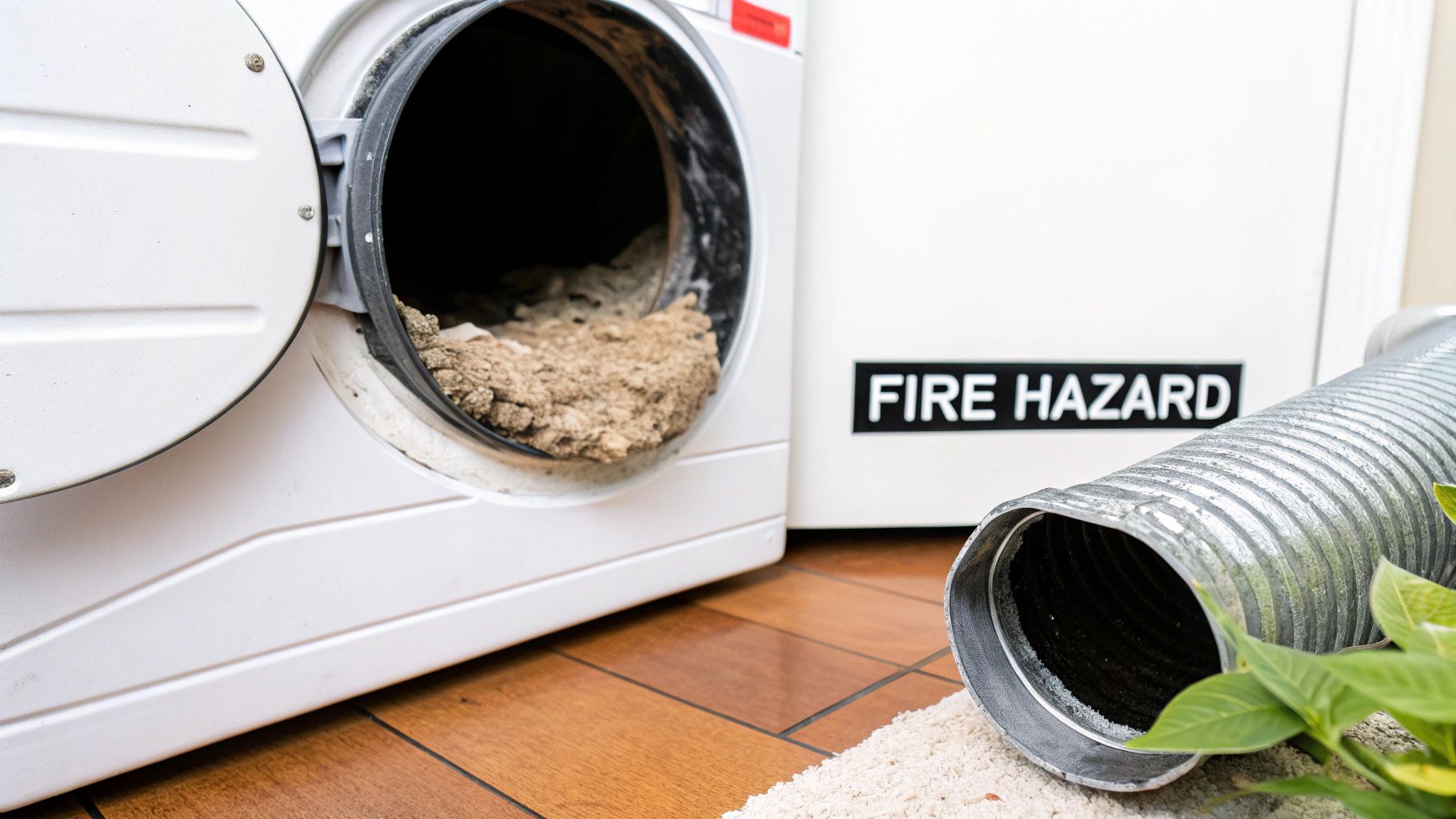 A dryer full of lint, a 'FIRE HAZARD' sign, and a detached dryer vent hose.